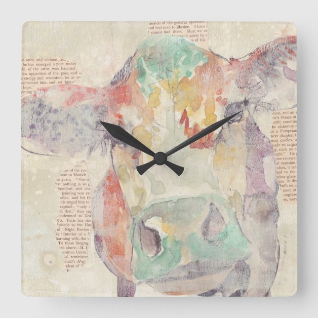 Horloge Carrée Vache de collage de la ferme aquarelle (Recto)