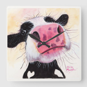 Horloge Carrée Vache fouineuse "myrtille de Betty" par Shirley
