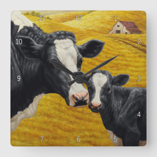 Horloge Carrée Vaches Holstein et vieille grange en bois