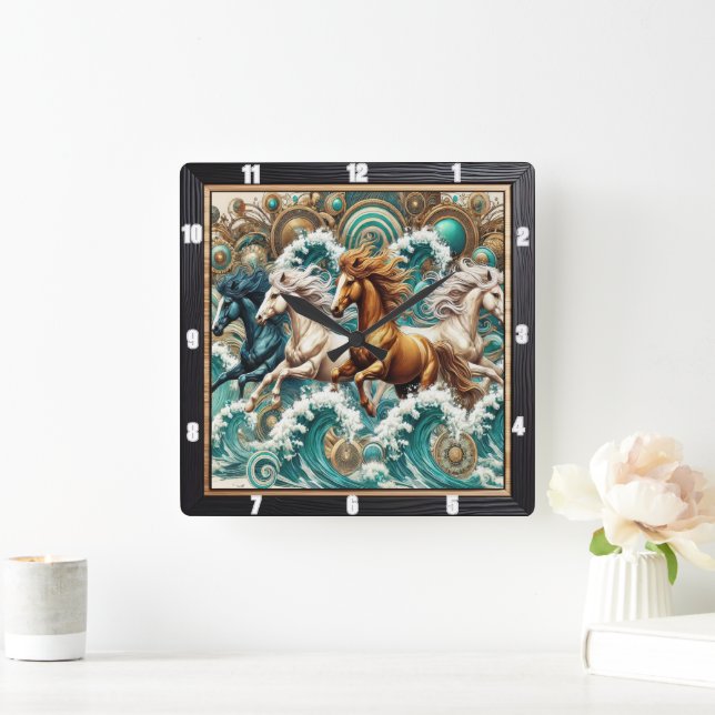 Horloge Carrée Vagues à chevaux galopants (Maison)