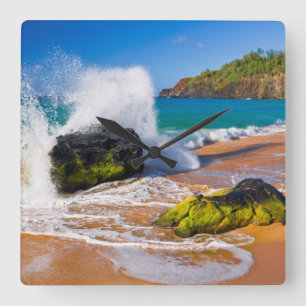 Horloge Carrée Vagues se brisant sur la plage, Hawaï
