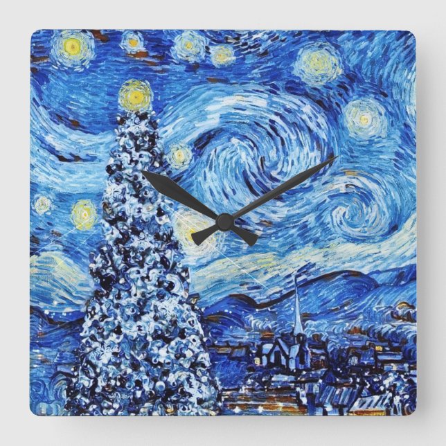 Horloge Carrée Van Gogh - La nuit étoilée - Noël blanc (Recto)