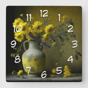 Horloge Carrée Vase antique de fleurs jaunes