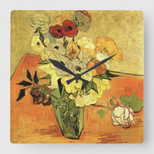 Horloge Carrée Vase japonais, Roses, Anémones par Vincent van Gog
