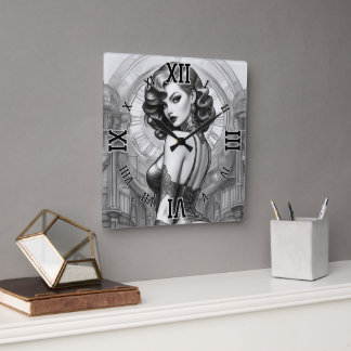 Horloge Carrée Velaria Retro Age Pin Up Girl Portrait