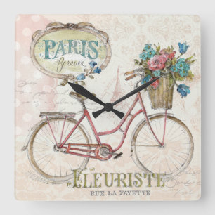Horloge Carrée Vélo de Paris avec des fleurs dans l'avant