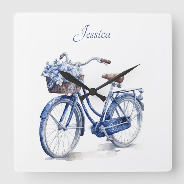 Horloge Carrée Vélo en Delft Blue personnalisable (Recto)