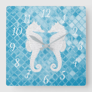 Horloge Carrée Verre bleu de mer d'hippocampes blancs