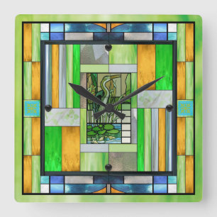 Horloge Carrée Verre coloré de Héron Bleu