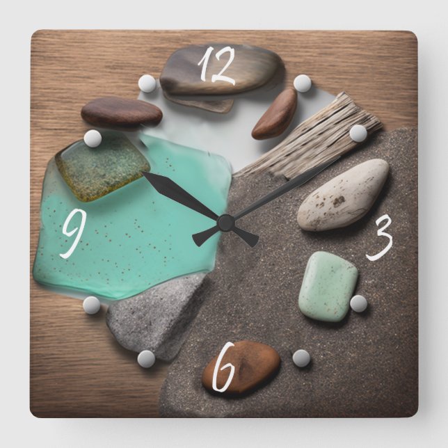 Horloge Carrée Verre de mer Pierres océaniques Bois flotté Carré  (Recto)