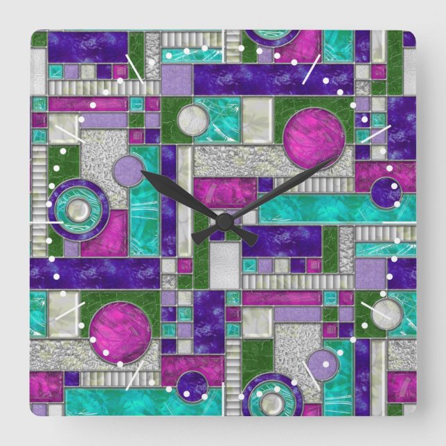 Horloge Carrée Verre Turquoise Art déco rose (Recto)