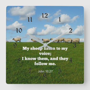 Horloge Carrée verset biblique, Jean 10:27, brebis,