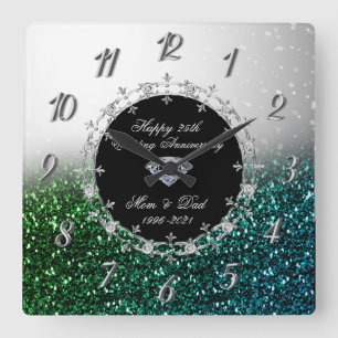 Horloge Carrée Vert argenté pailleté 25e anniversaire de mariage