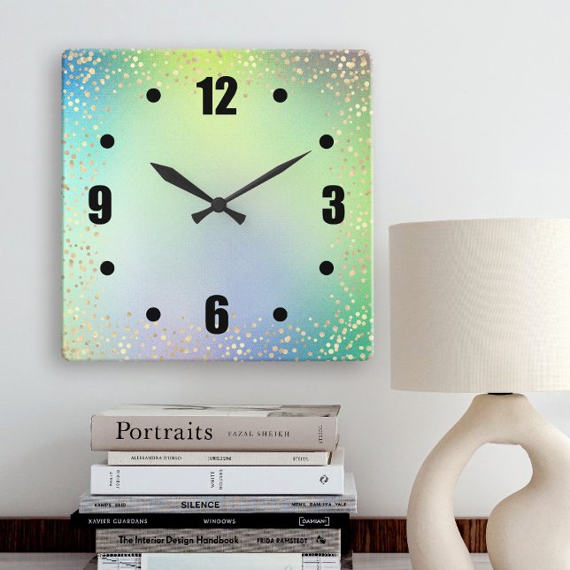 Horloge Carrée Vert ombre couleur or confetti points chic (Créateur téléchargé)