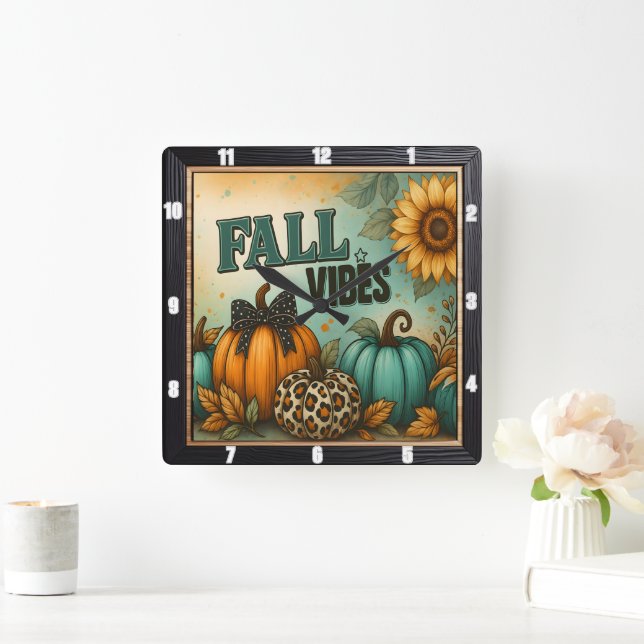 Horloge Carrée Vibes Automne Plaid Citrouilles (Maison)