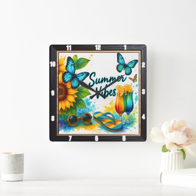Horloge Carrée Vibes d'été Sunflower Beach (Maison)