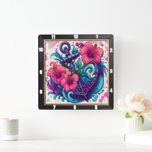 Horloge Carrée Vibes tropicales d'Ancres florales