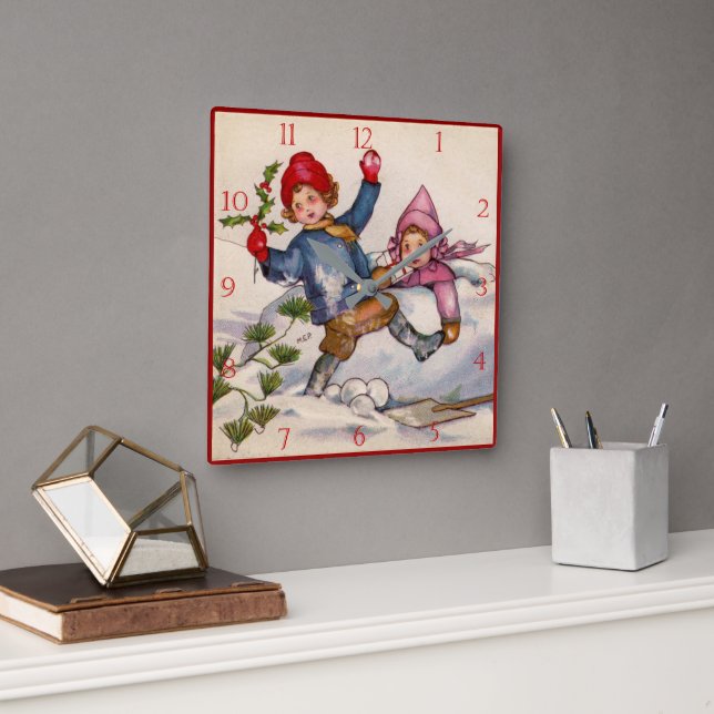 Horloge Carrée Victorian Christmas Kids in Snow Clock (Bureau)
