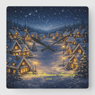Horloge Carrée Village de Noël enneigé magique la nuit
