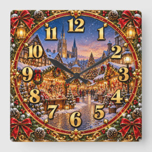 Horloge Carrée Village de Noël Marché de Noël Merveilleux Hiver