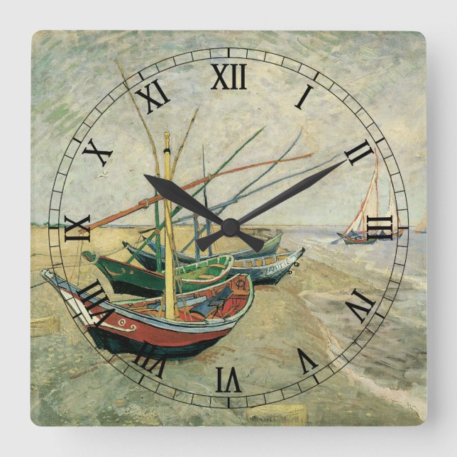 Horloge Carrée Vincent van Gogh - Bateaux de pêche sur la plage (Recto)