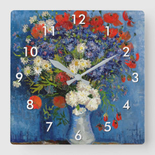 Horloge Carrée Vincent van Gogh - Vase avec des Bleuets & Coqueli