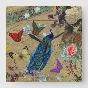 Horloge Carrée Vintage Blue Colorful Peacock Cute Butterfly