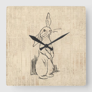 Horloge Carrée Vintage Cute Bunny Rabbit Art Script Background