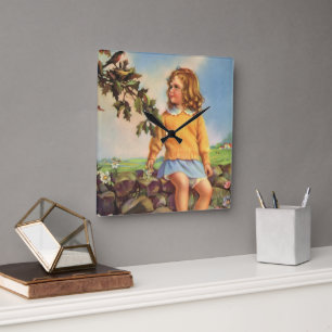 Horloge Carrée Vintage fille observant les oiseaux dans un arbre,