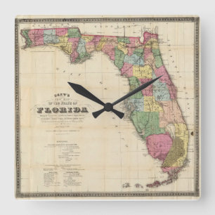 Horloge Carrée Vintage Map of Florida (1870)