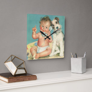 Horloge Carrée Vintage mignonne bébé parler sur téléphone Chien c