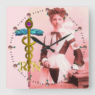 Horloge Carrée VINTAGE NURSE and Gold Caduceus NR Emblem