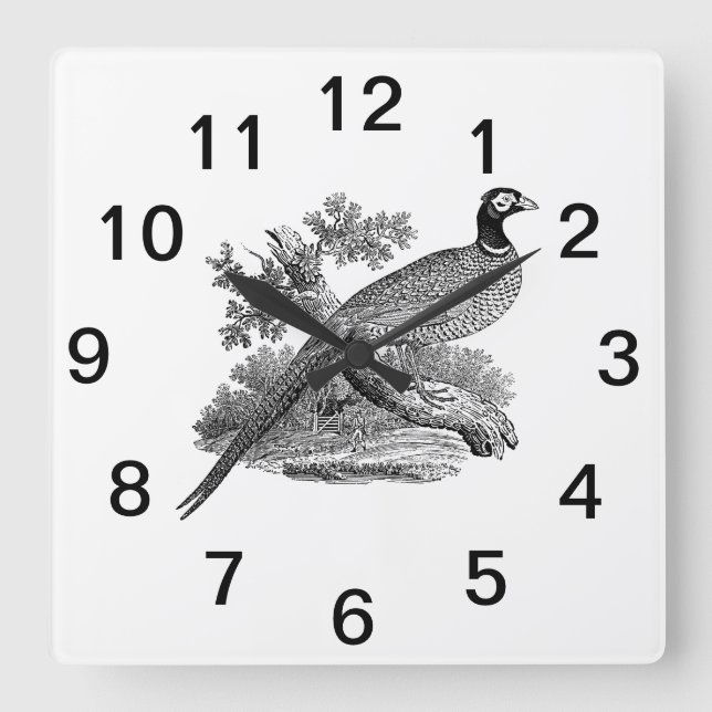 Horloge Carrée Vintage Pheasant Game Bird Drawing BW (Recto)
