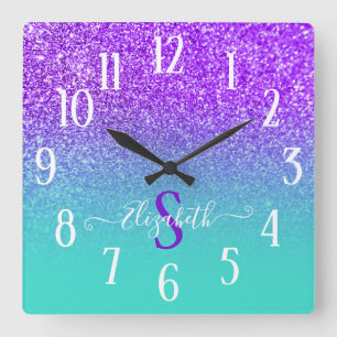 Horloge Carrée Violet Pailleté Turquoise Ombré Monogramme