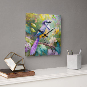 Horloge Carrée Violet Tufted Jay Imaginaire Bird