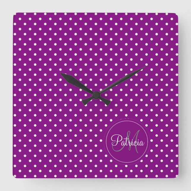 Horloge Carrée Violet & White Dots Custom Monogrammed (Recto)