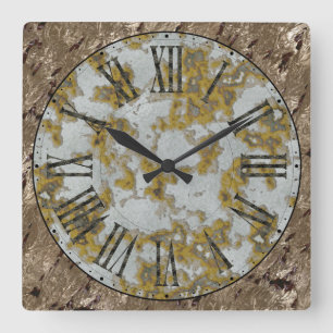 Horloge Carrée Visage rouillé, BGND métallique, Numéros romain