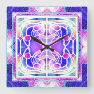 Horloge Carrée Vitrail de cathédrale en lilas et rose