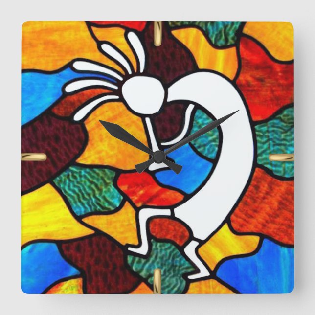 Horloge Carrée Vitrail Kokopelli (Recto)