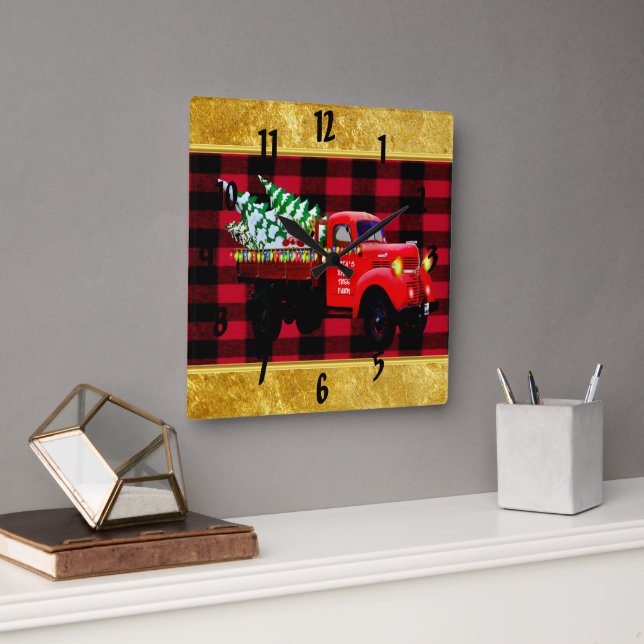 Horloge Carrée Voici Père Noël arbre de Noël camion (Bureau)