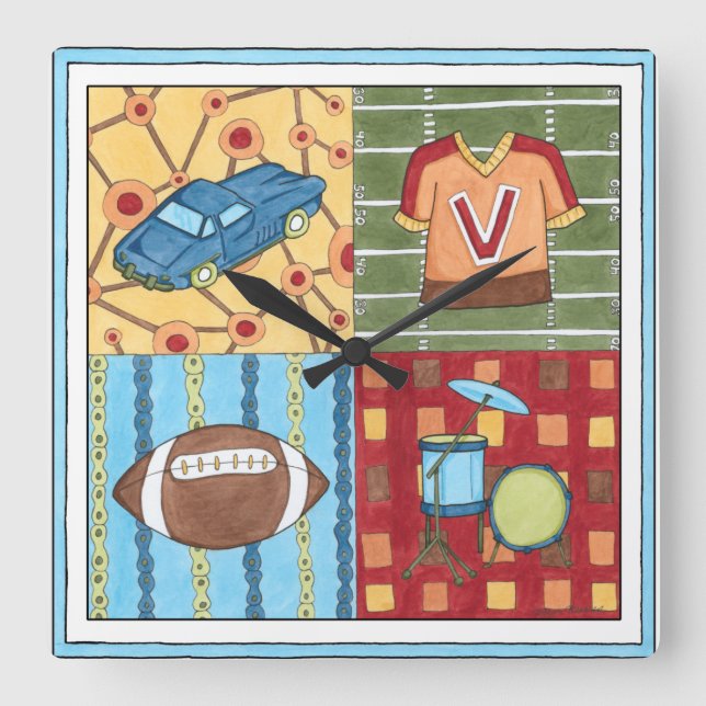 Horloge Carrée Voiture, Jersey, Football et Kit Drum (Recto)