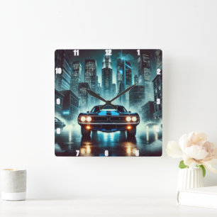Horloge Carrée Voiture musculaire dans la ville futuriste Lumière