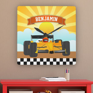 Horloge Carrée Voiture Race Orange Jaune Nom Personnalisé Salle E