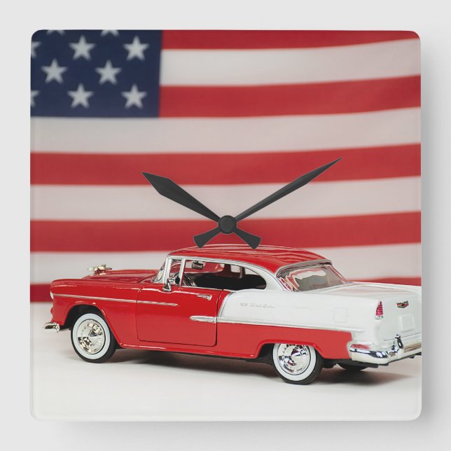 Horloge Carrée Voiture Rétro Avec Drapeau Américains (Recto)
