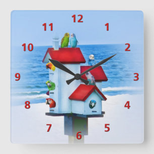 Horloge Carrée Volière avec des perroquets et des perruches