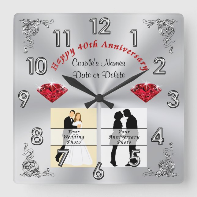 Horloge Carrée Vos cadeaux 1 ou 2 PHOTOS Ruby Mariage Anniversair (Recto)