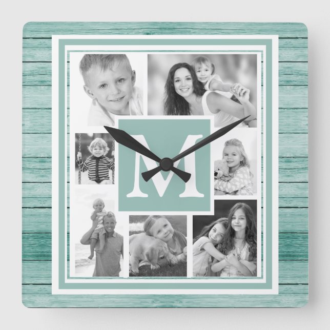 Horloge Carrée Vos Photos Noir Blanc Turquoise Bois Nautique (Recto)