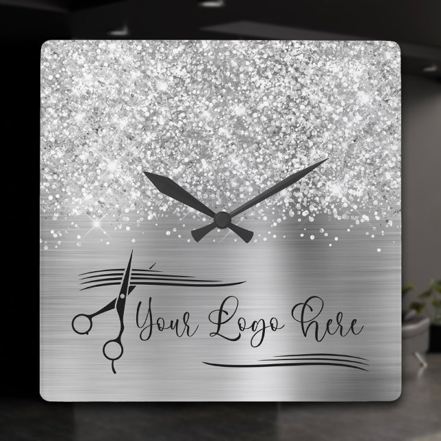 Horloge Carrée Votre logo pailleté argenté glamour (Your Logo Glittery Silver Glam Square Wall Clock)
