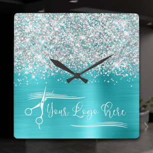 Horloge Carrée Votre logo paillettes argentées bleu turquoise gla