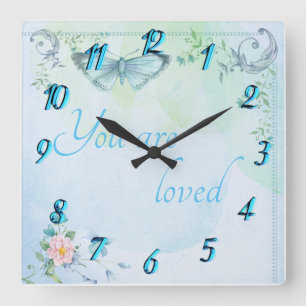 Horloge Carrée "Vous êtes aimé" Papillon Bleu